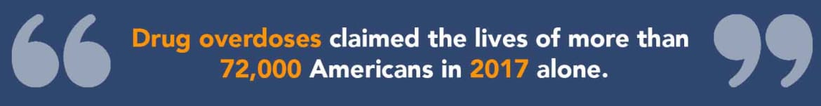 Drug overdoses claimed the lives of more than 72,000 Americans in 2017 alone. The fatal end addiction becomes a more serious problem every year. Drug overdose statistic in 2017