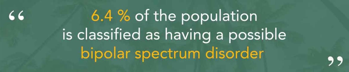 This means about 6.4 percent of the population is classified as having a possible bipolar spectrum disorder. Bipolar Spectrum Disorder