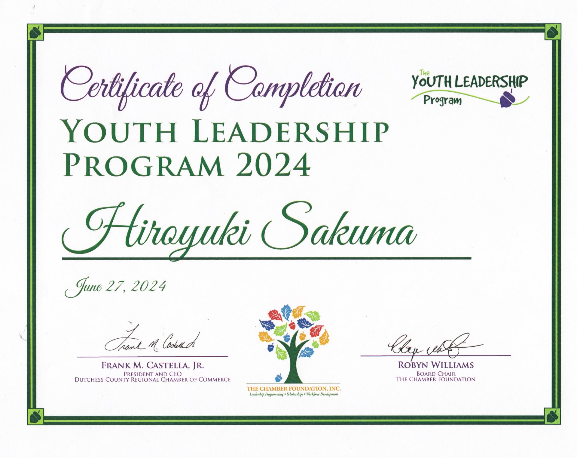 RYLA completion recognition award