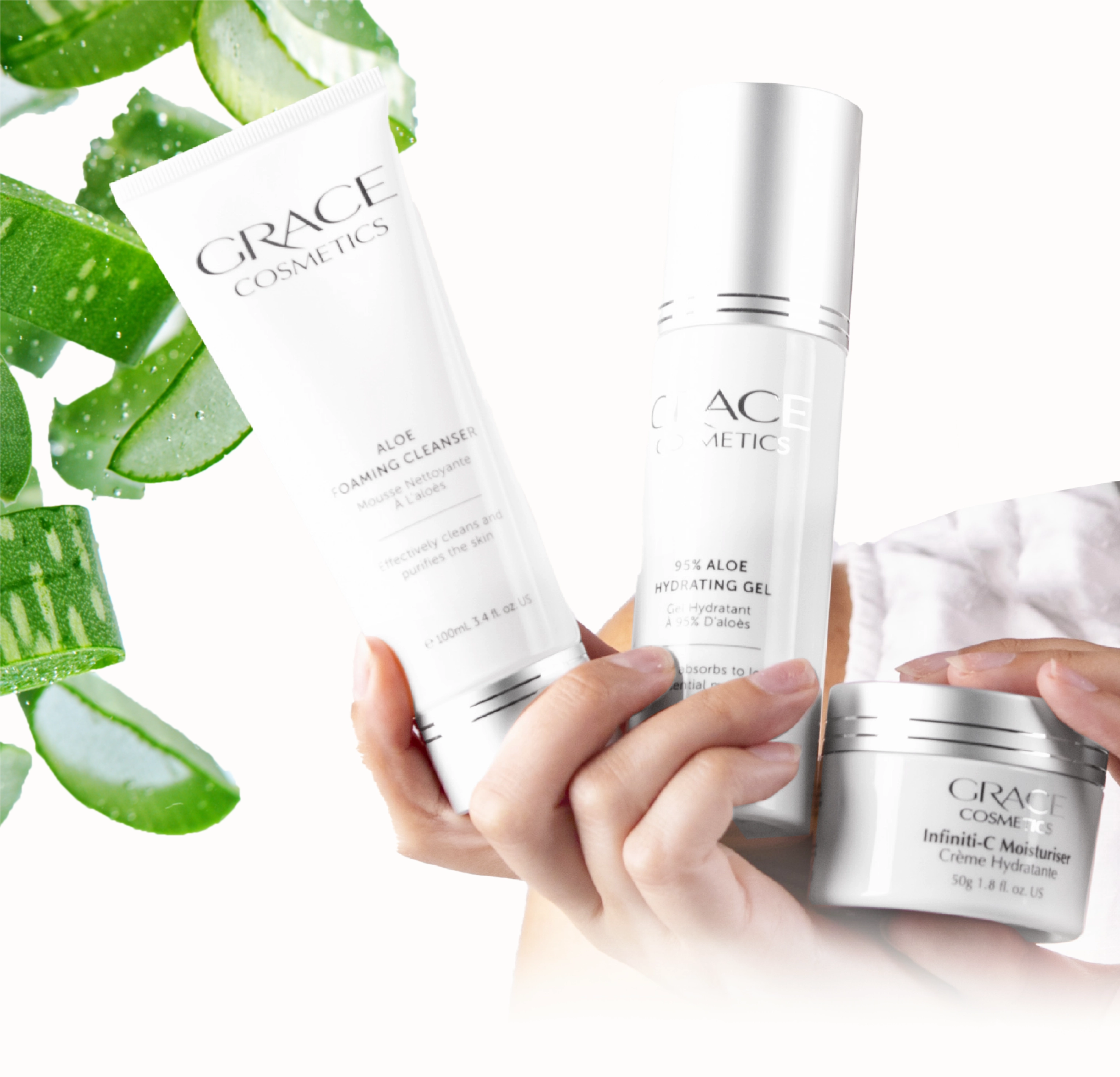 Woman's hand holding multiple Grace products