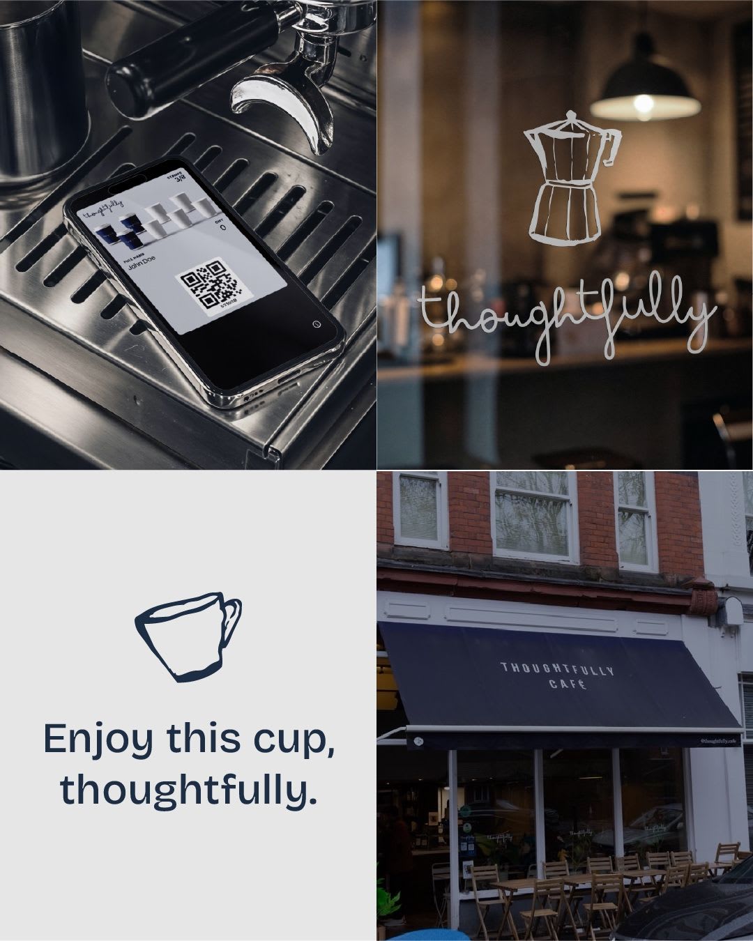 A two-part composition on a navy background: a pour-over coffee dripper sitting on a glass carafe, and a person in a grey sweatshirt cradling five white takeaway cups, all marked with a script wordmark.