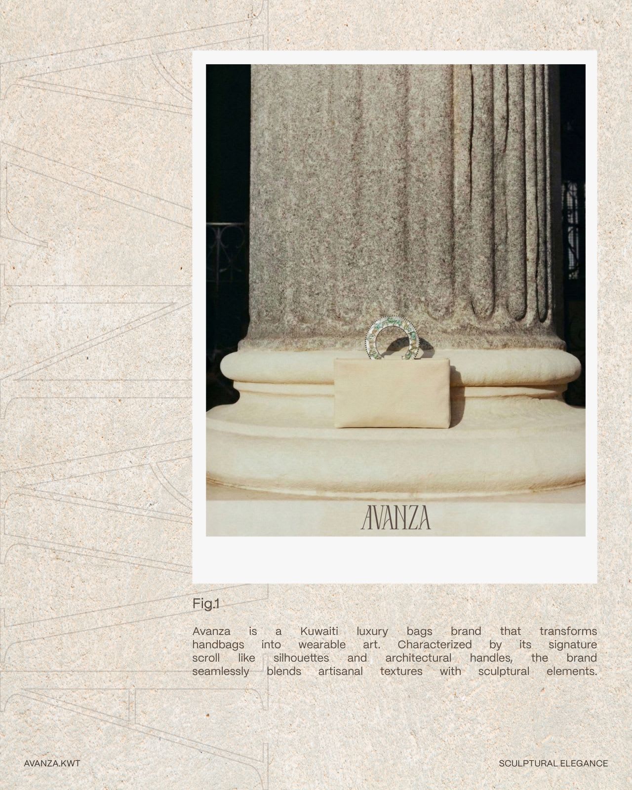 An editorial layout on textured stone-coloured paper: a cream clutch bag with an ornate jewelled horseshoe handle photographed on the stepped base of a fluted stone column.