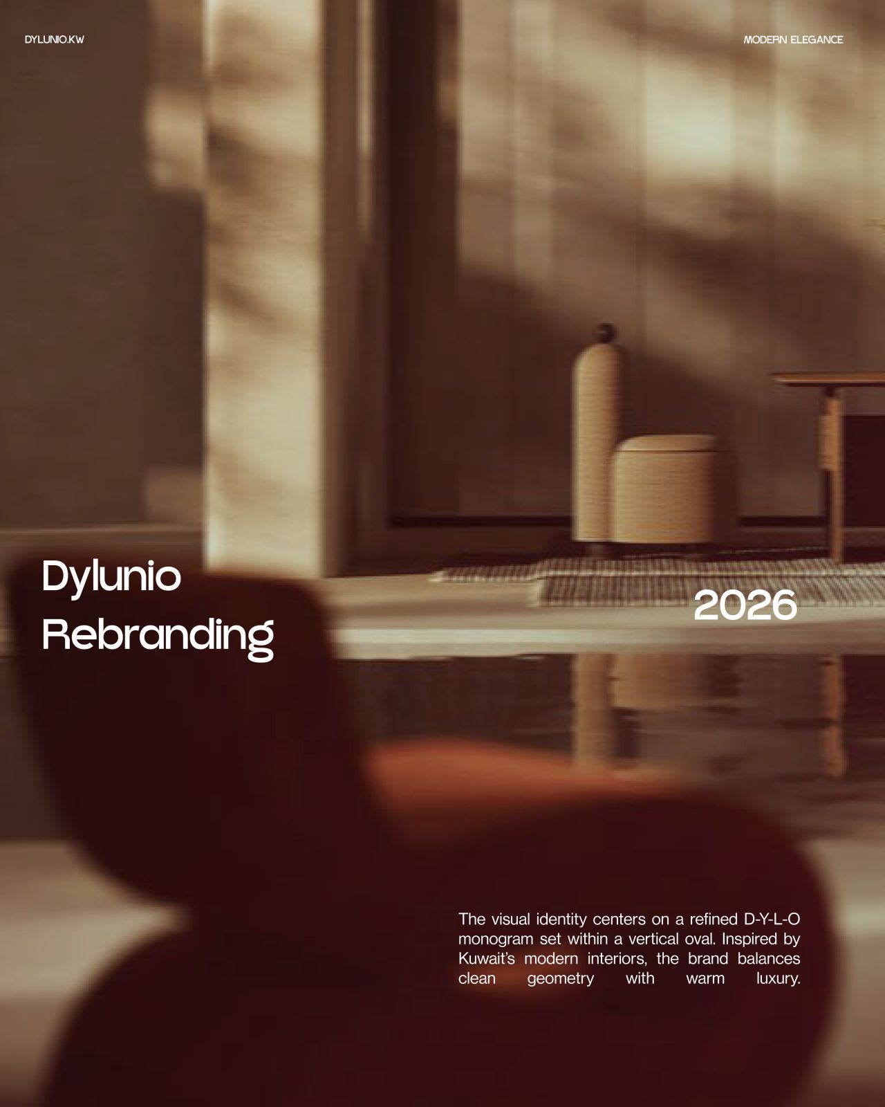 A soft-focus warm-toned interior with a blurred terracotta armchair in the foreground and ribbed vessels beyond, overlaid with the words Dylunio Rebranding.