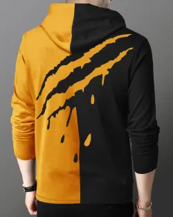 Men's Hooded Neck Full Sleeves Printed Light Mustard T-Shirt