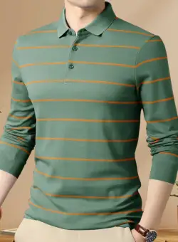 Men's Polo Neck Full Sleeves Solid Color with Striped Pattern Green T-Shirt