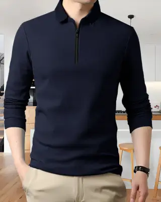 Men's Polo Neck Full Sleeves Solid Black T-Shirt