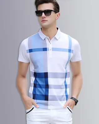 Men White Print Polo Neck T-shirt