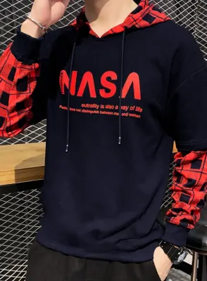 Men's Hooded Neck Full Sleeves Loose Fit Printed Navy Blue T-shirt