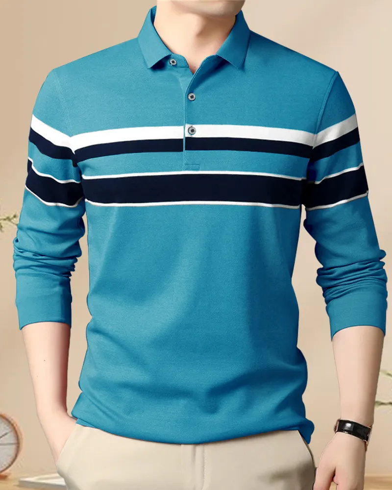 Men's Polo Neck Full Sleeves Striped Blue T-Shirt