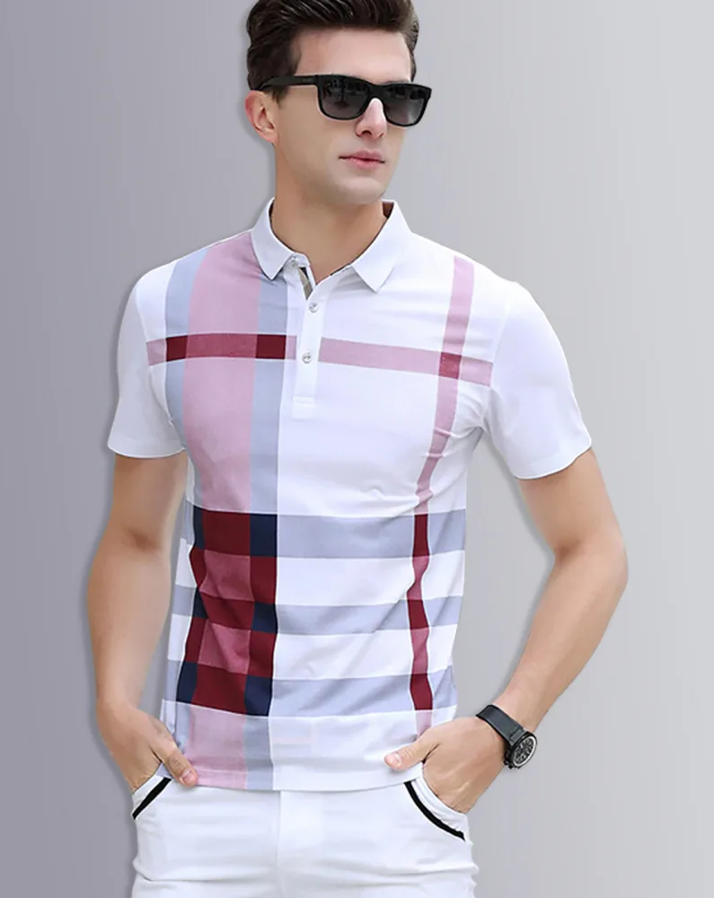 Men White Print Polo Neck T-shirt