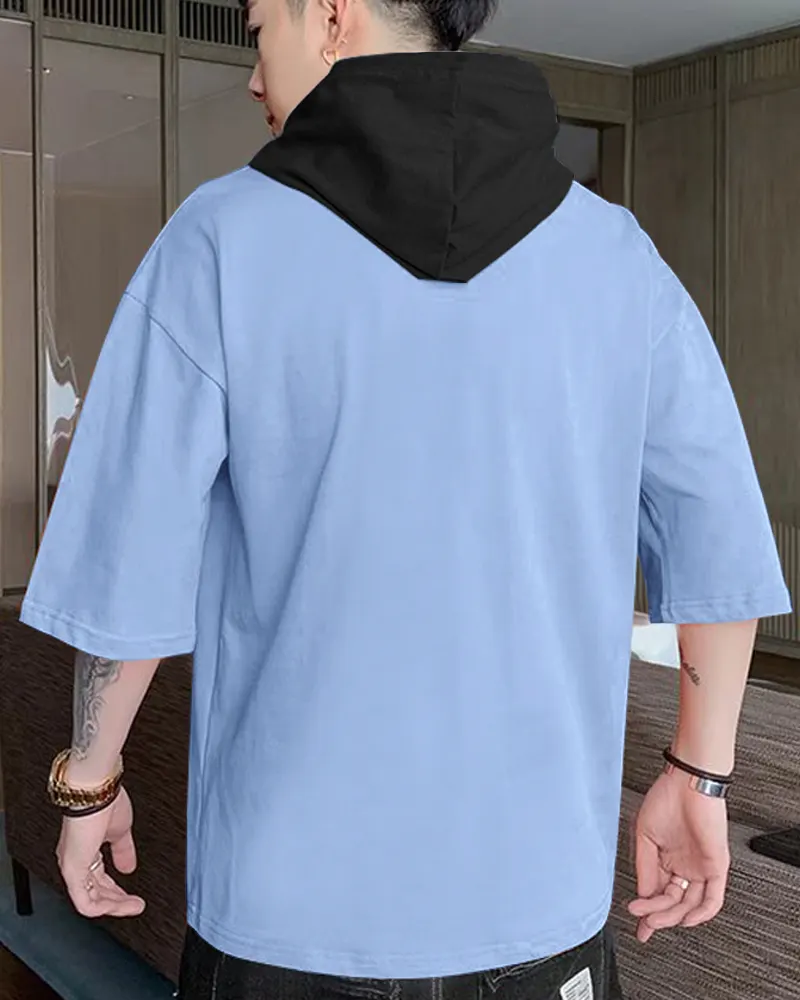 Men's Hooded Neck Half Sleeves Printed Sky Blue  T-Shirt