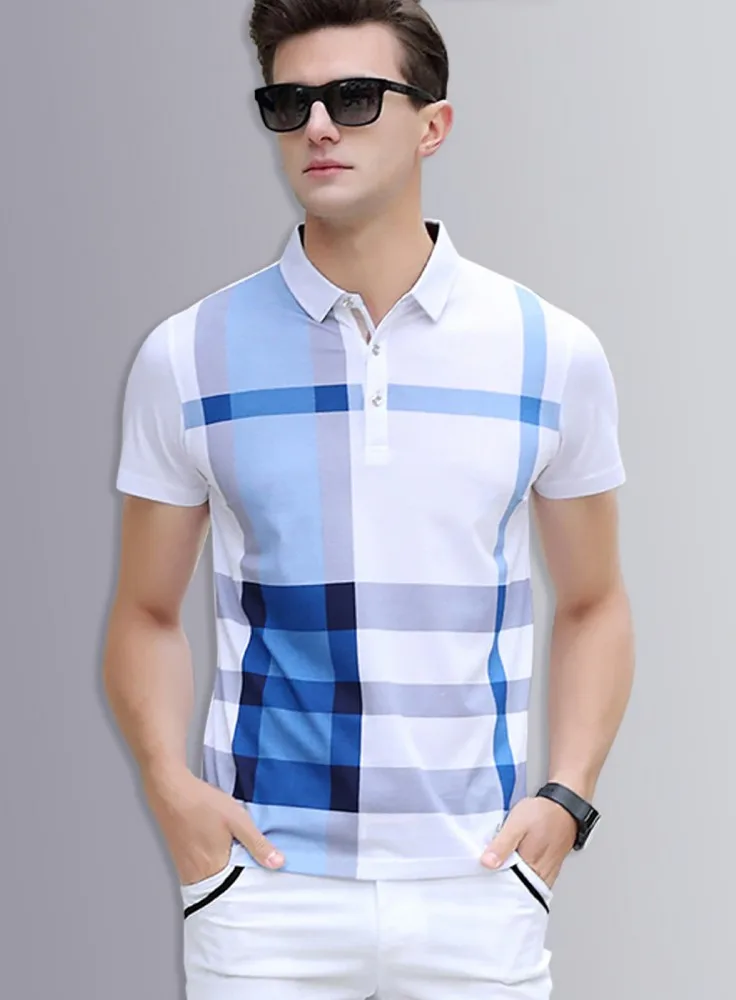 Men Blue Print Polo Neck T-shirt