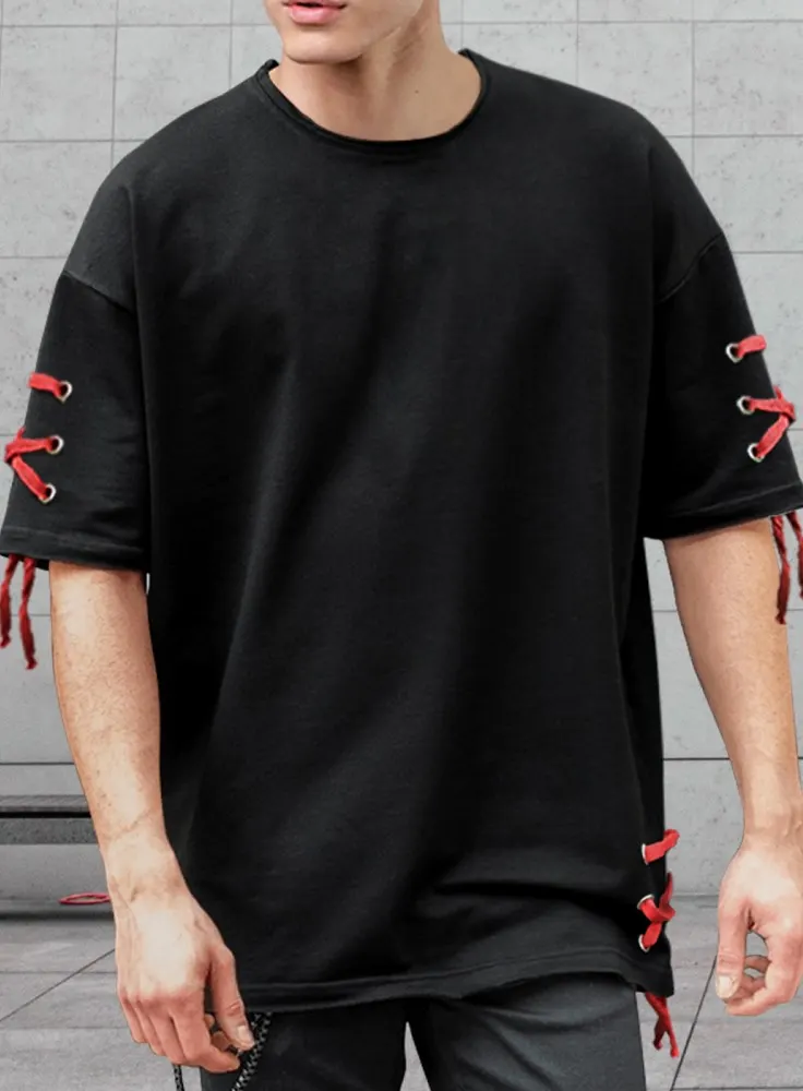 Men's Loose Fit Half sleeves Round Neck Solid Black T-Shirt