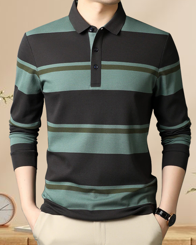 Men's Polo Neck Full Sleeves Striped Green T-Shirt