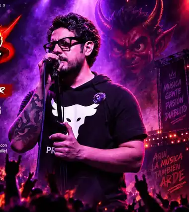 Mascota diablito de Diablito Fest bajo luces violeta y fuego