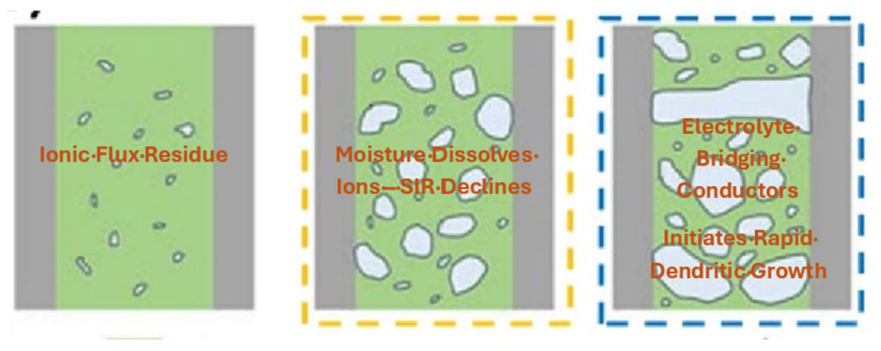 How does flux residue influence condensation and failure?