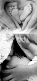 collage of images: baby feet in parents hands and infant and parent cuddling