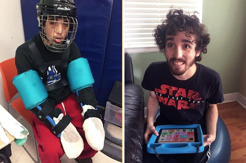 At left, a photo of Graham wearing his protective equipment (hockey mask, arm pads, and wrappings for his hands. At right, a photo of Graham in a Star Wars t-shirt happily smiling and holding his AAC device.