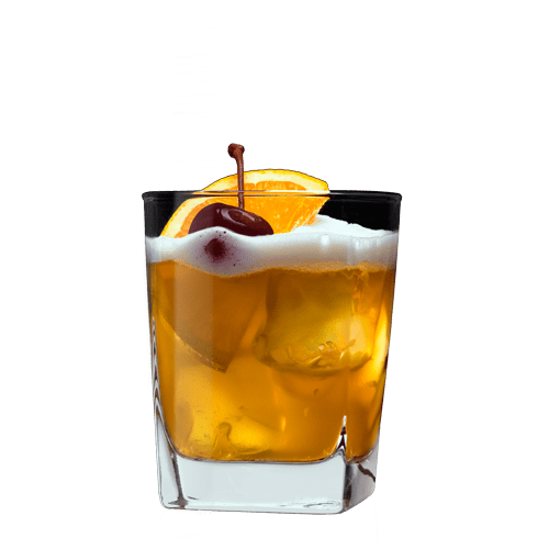 Coquetel Jack Sour servido com uma rodela de laranja e cereja