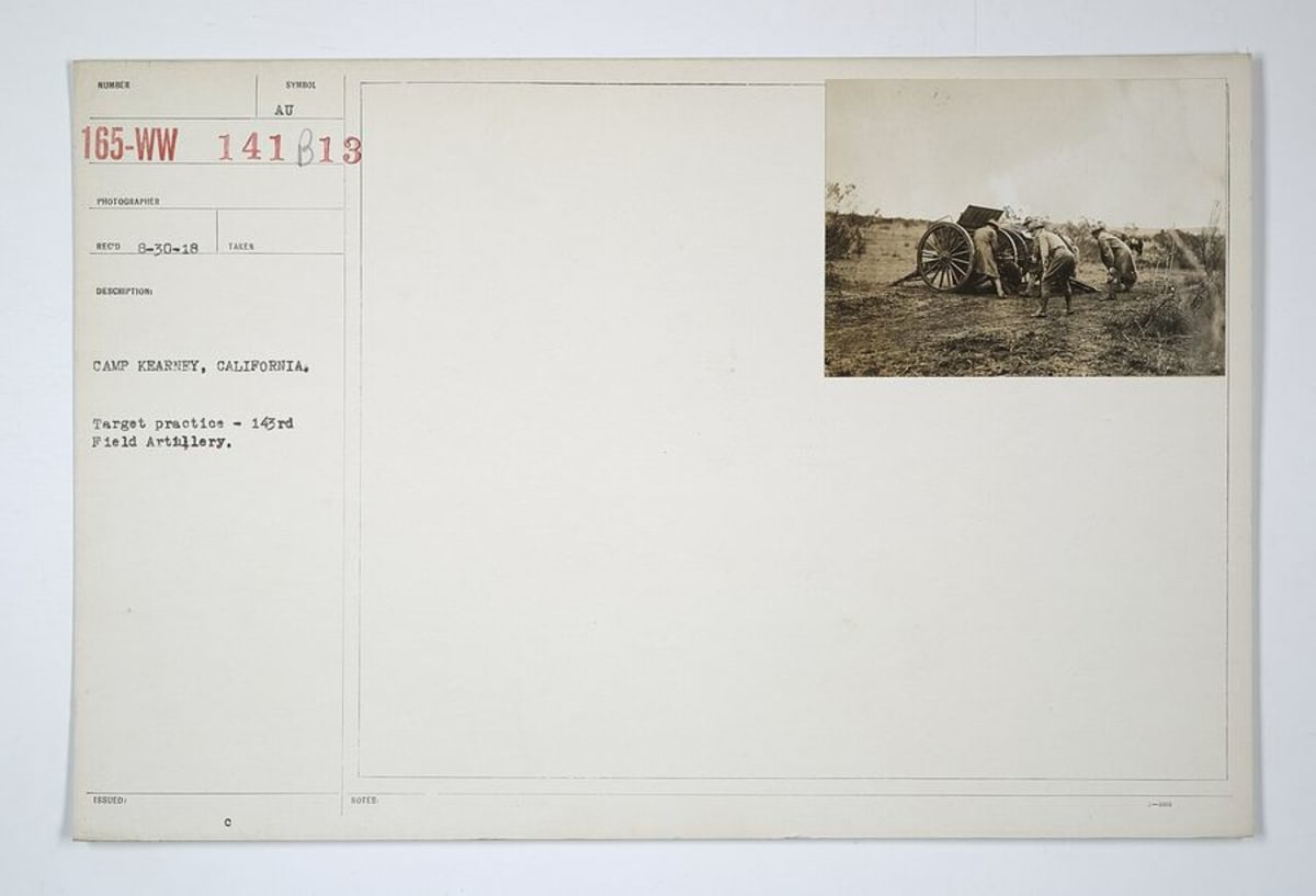 Field artillery target practice with the 143rd Field Artillery at Camp Kearney, California.