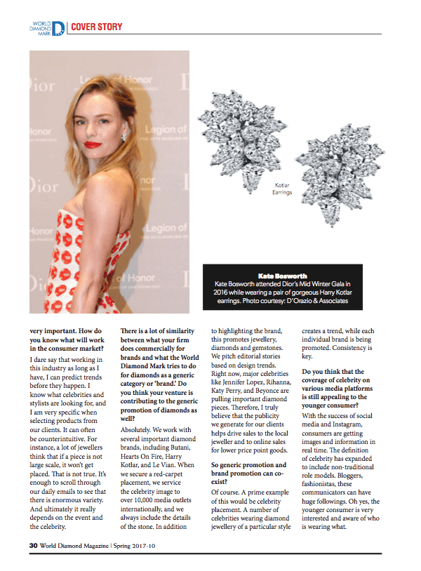 Harry Kotlar worn by Kate Bosworth and Carrie Underwood in the Spring 2017 issue of World Diamond Magazine.