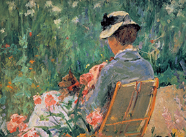 Mary Cassatt, Lydia assise dans le jardin avec un chien sur ses genoux , 1880, Particuliere collectie_klein