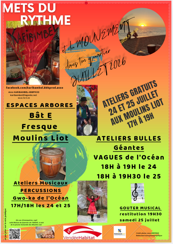 Mets du rythme  et du mouvement au Quartier des Moulins Liot: Voyage en percussions et bulles géantes de l'océan avec l'association fontenaisienne KARIBAMBEL-KBBPROD