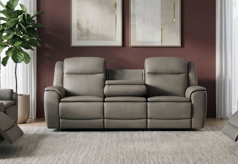 GLUSMAN LEATHER 3 Seater Sofa Electric Recliner with Drop-Down Table