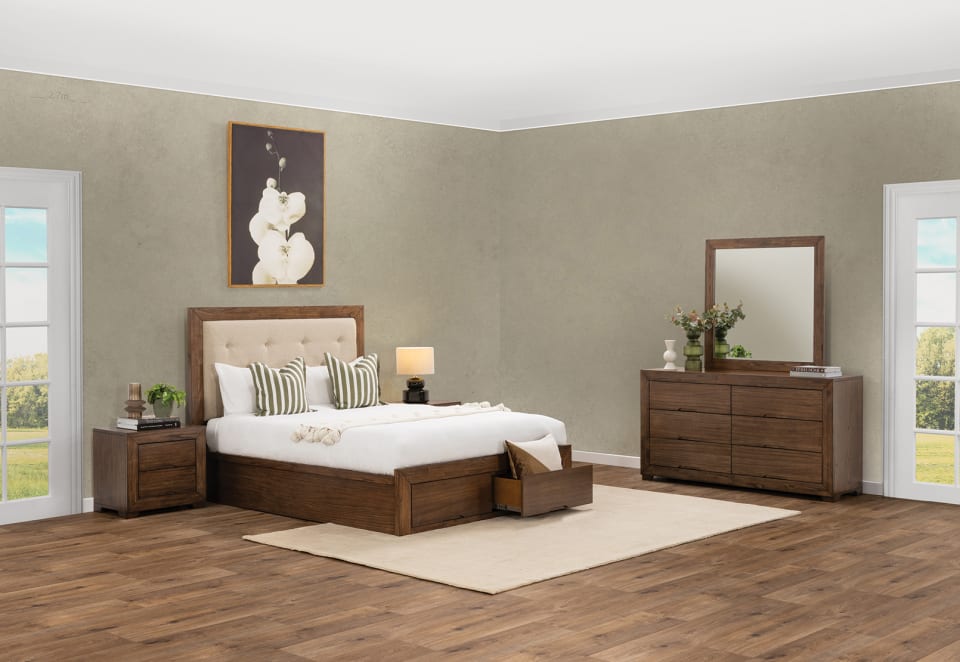 BOGOTA 4 Piece Queen Bed Dresser Chest Suite.