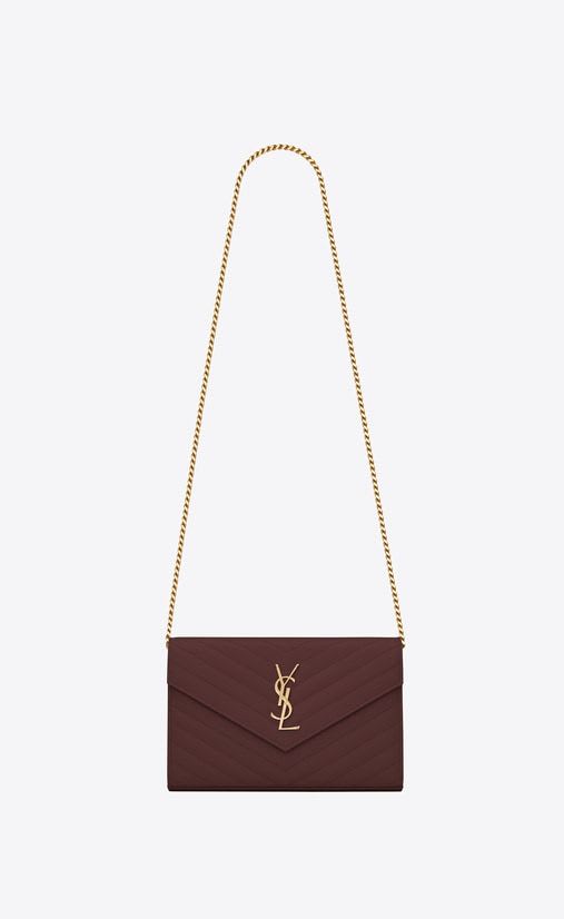 Saint Laurent Monogram Chain Wallet In Grain De Poudre Embossed Leather Dark Legion Red