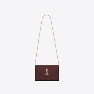 Saint Laurent Monogram Chain Wallet In Grain De Poudre Embossed Leather Dark Legion Red