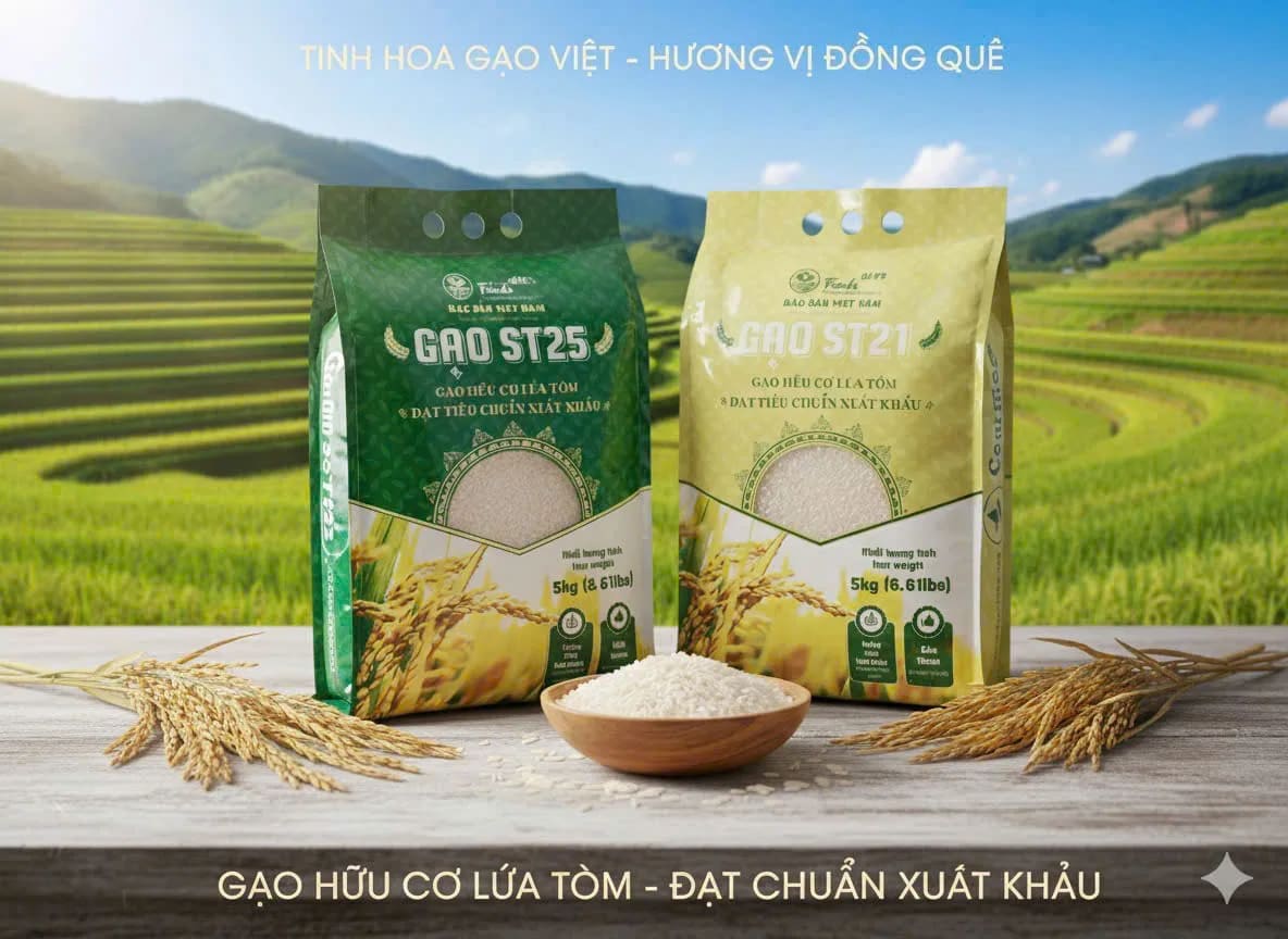 Bao gạo ST25 và bát gạo hạt dài đặt trên bàn gỗ