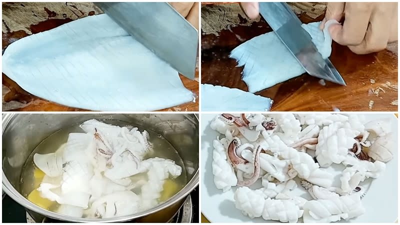 Sơ chế mực khứa vảy rồng trước khi xào