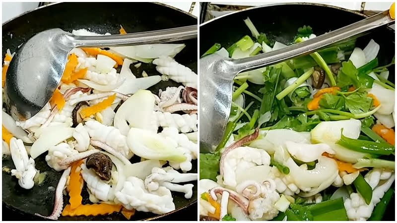 Xào mực với rau củ trên lửa lớn