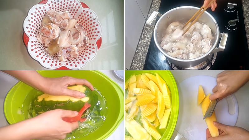 Sơ chế chân giò và đu đủ trước khi hầm