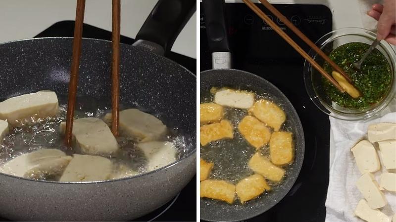 Chiên đậu hũ vàng giòn hai mặt trong chảo dầu nóng