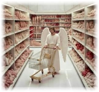 Image of Angel shopping for spare human body parts in heaven