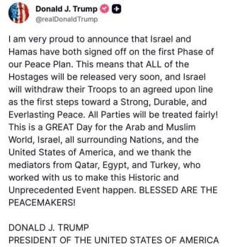 Copy of Donal Trump's X message