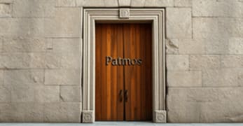 patmos engraved door set in stone wall