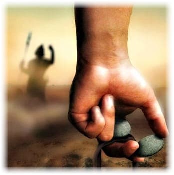 David holding stones with Goliath in front of him