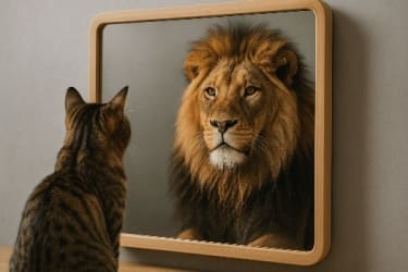 AI ChatGPT image of cat looking at lion in mirror