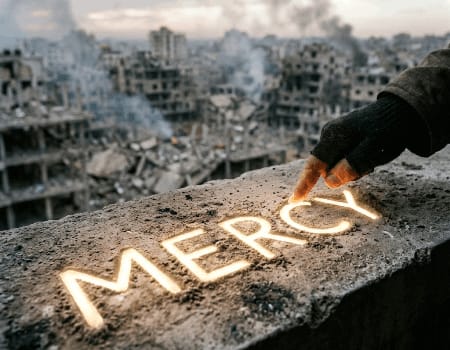 Image of MERCY with war background by Mary Adger