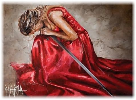 woman praying with sword