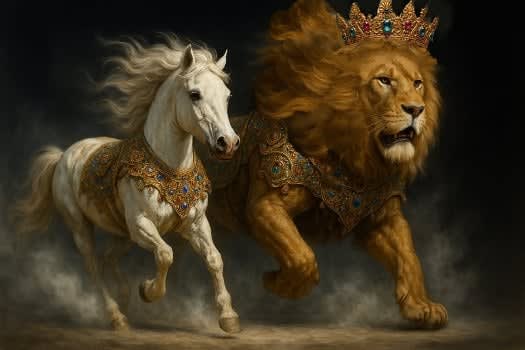 AI horse and lion running side-by-side - image supplied by author Deborah Waldron Fry