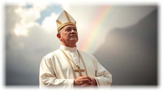 A Catholic Priest with rainbow behind - AI image by Wonder AI