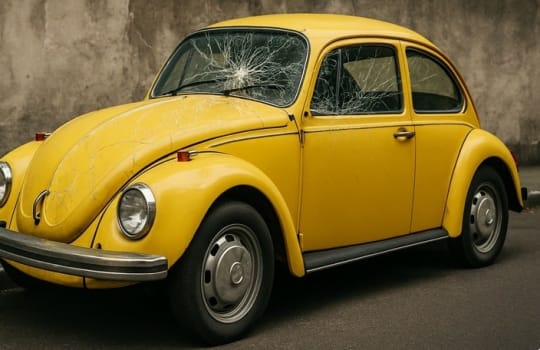 Yellow Volkswagen Beetle with broken windshield