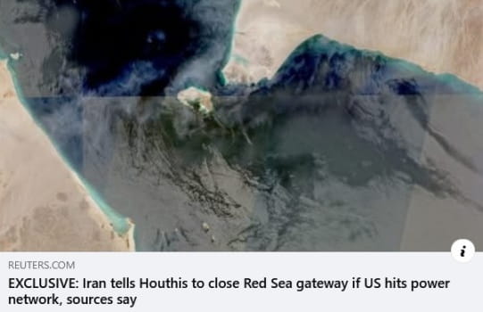 News Headline screen capture - Iran tells Houthis to close Red Sea gateway if US hits power network