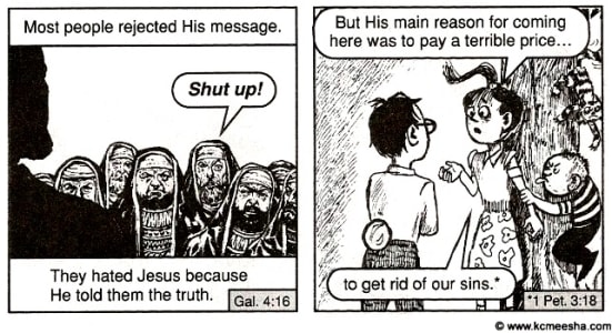 Cartoon illustration of Gal 4:16 & 1 Pet 3:18 from https://kcmeesha.com/2010/11/05/ants-in-jesuss-pants/