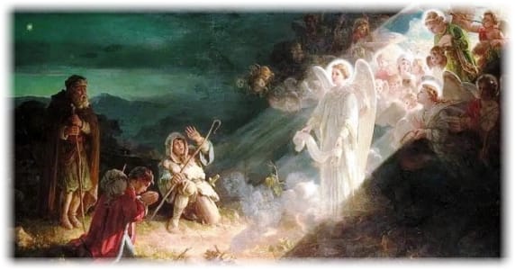 paining Illustration of Angels and Shepherds in fields - painter unknown
