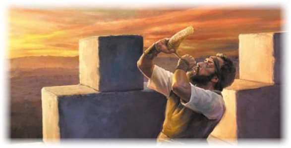 man on rampart blowing rams horn shofar